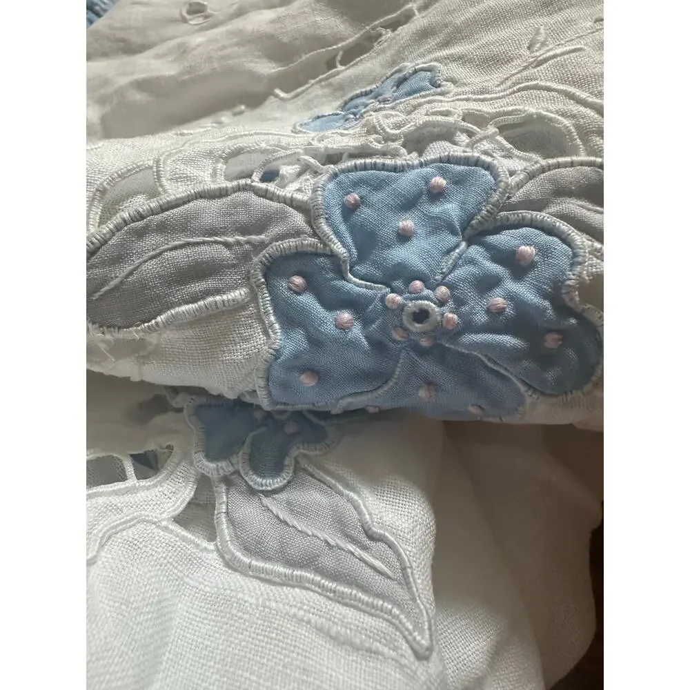 Vintage Hand Embroidered Tablecloth White floral blue linen cut out 98x58”